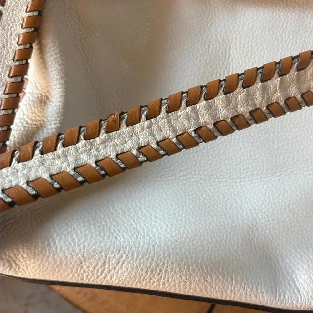 Michael Kors Hamilton Whipstitch Leather Satchel Cream Tan Gold Hardware